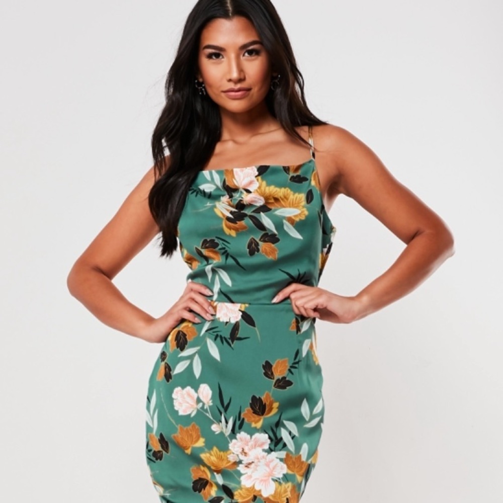 Missguided Green Floral Satin Maxi Dress